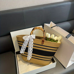 Straw Large Capacity Handbag with Lace Ribbon - Beach Bag