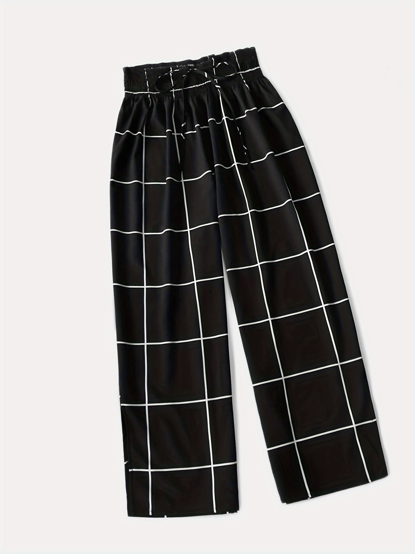  Grid Print Drawstring Wide Leg Trousers