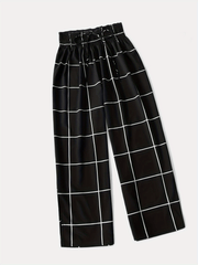  Grid Print Drawstring Wide Leg Trousers