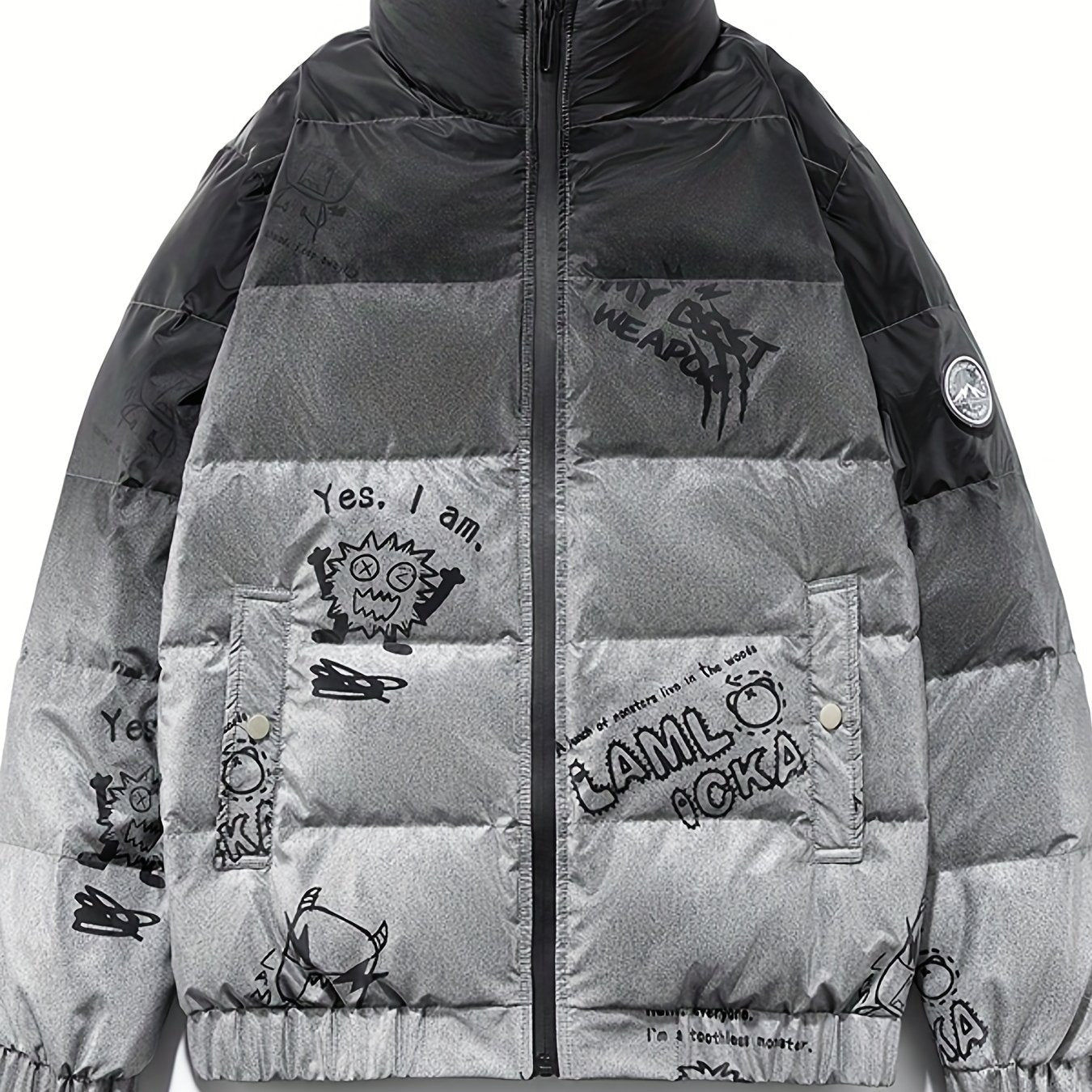 Graffiti Print Puffer Jacket Men's Stand Collar Down Coat