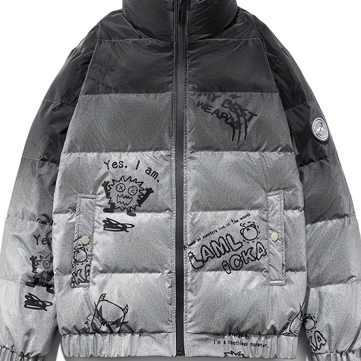 Graffiti Print Puffer Jacket Men's Stand Collar Down Coat