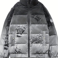 Graffiti Print Puffer Jacket Men's Stand Collar Down Coat