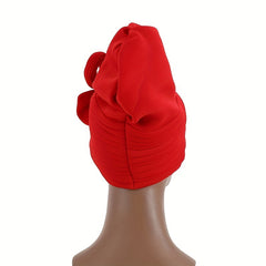 Red Pleated Turban Cap Hijab Hat with Bow