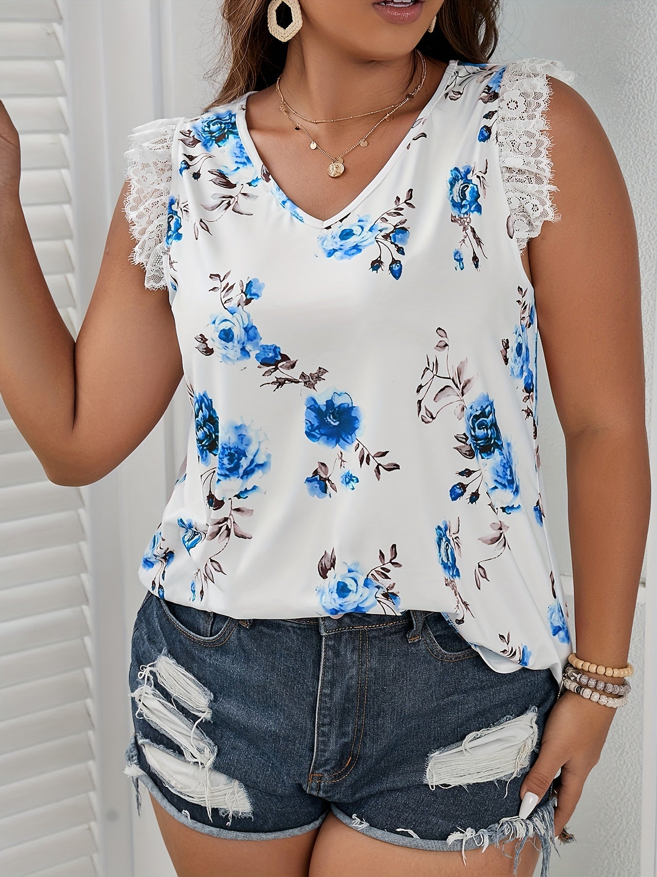  Floral Print Lace V Neck Tank Top