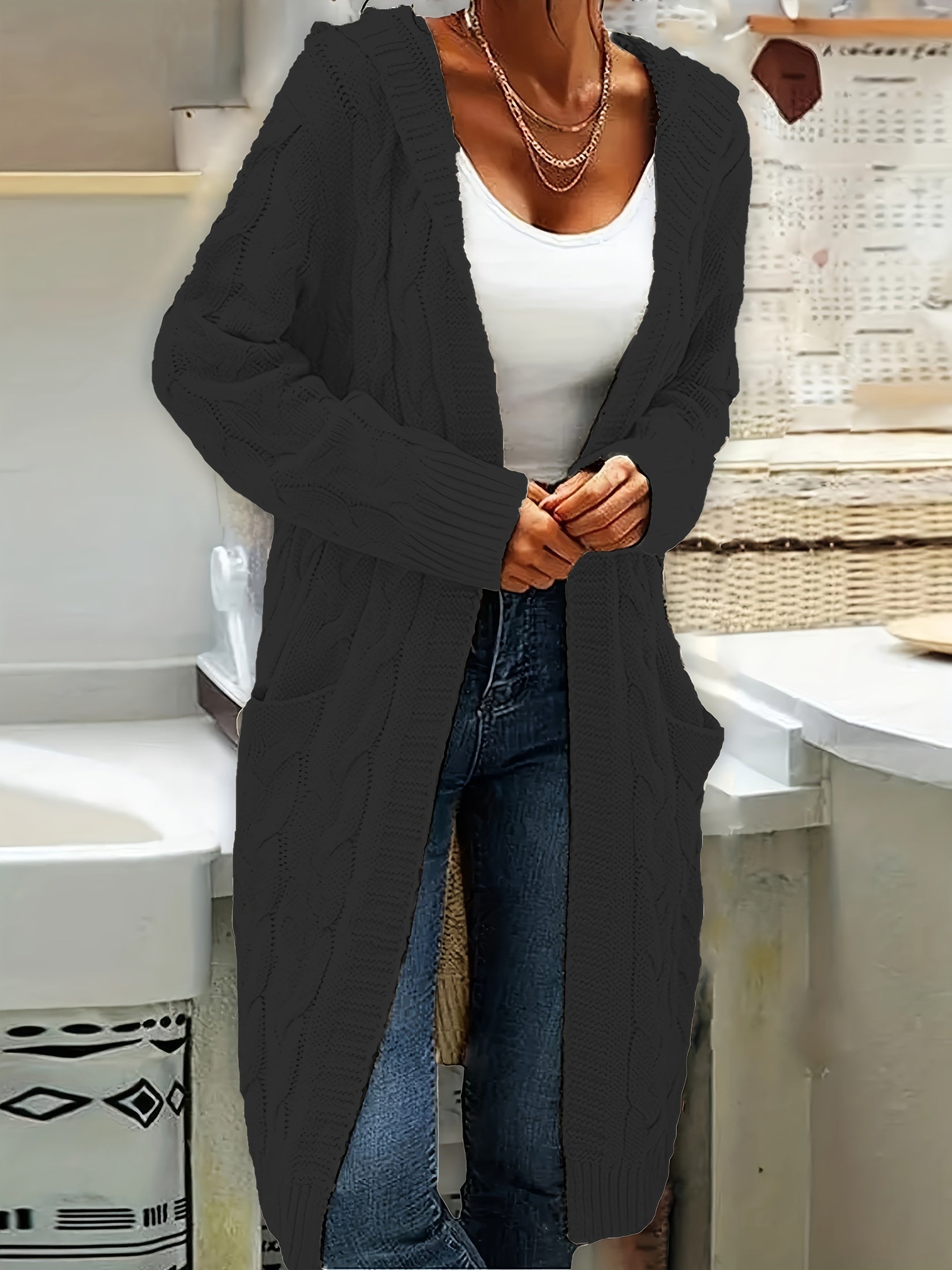 Solid Jacquard Hooded Cardigan