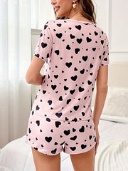 Heart Print Pajama Set Short Sleeve Tops & Shorts Women's Sleepwear