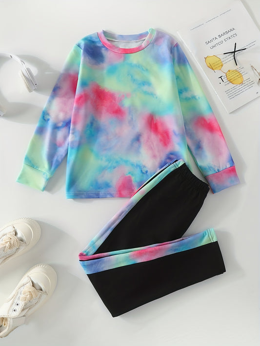 Girl's Tie Dye Long Sleeve Top & Pants Set