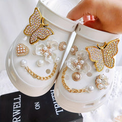 12pcs Golden Shoe Decorative Accessories Set with Rhinestone Diamond Pearl Chain