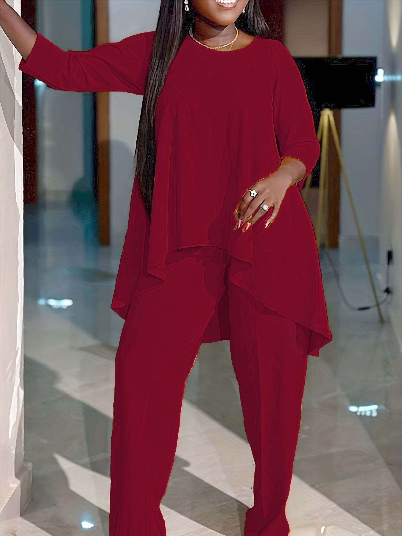  Solid Long Sleeve Round Neck Tunic Top & Pants Outfit Set