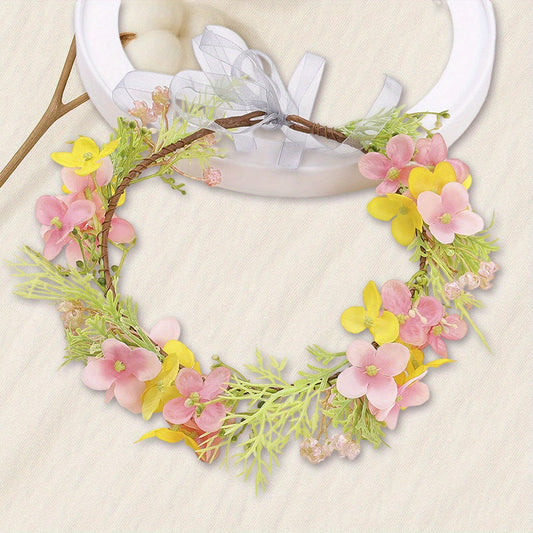 Floral Crown Headband Artificial Rattan Leaf Hair Wreath with Ribbon