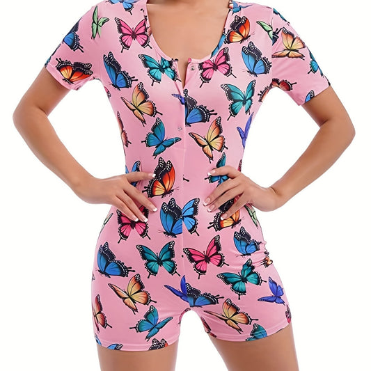 Butterfly Pattern Lounge Romper Sexy Short Sleeve Buttons Romper