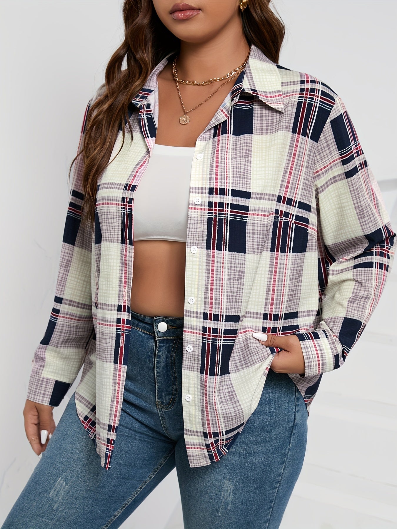  Plaid Print Long Sleeve Button Up Blouse