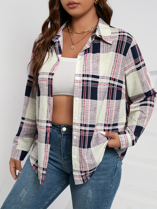  Plaid Print Long Sleeve Button Up Blouse