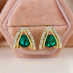 Green Stone Stud Earrings 18K Plated Women Girls 1Pair