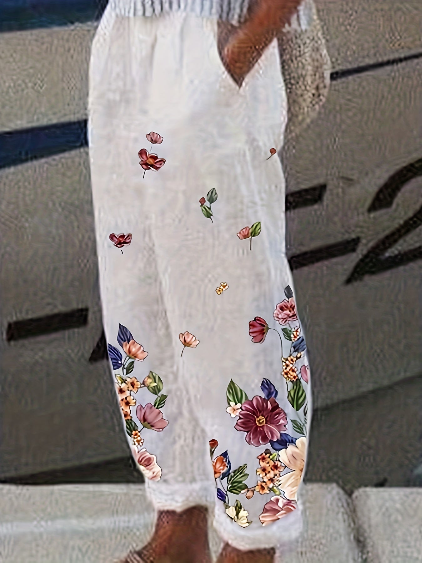 Floral Print High Rise Stretch Straight Leg Pants with Pockets
