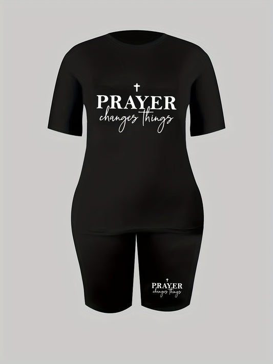  2 Piece Set Women's Cross & Slogan Print Top & Shorts