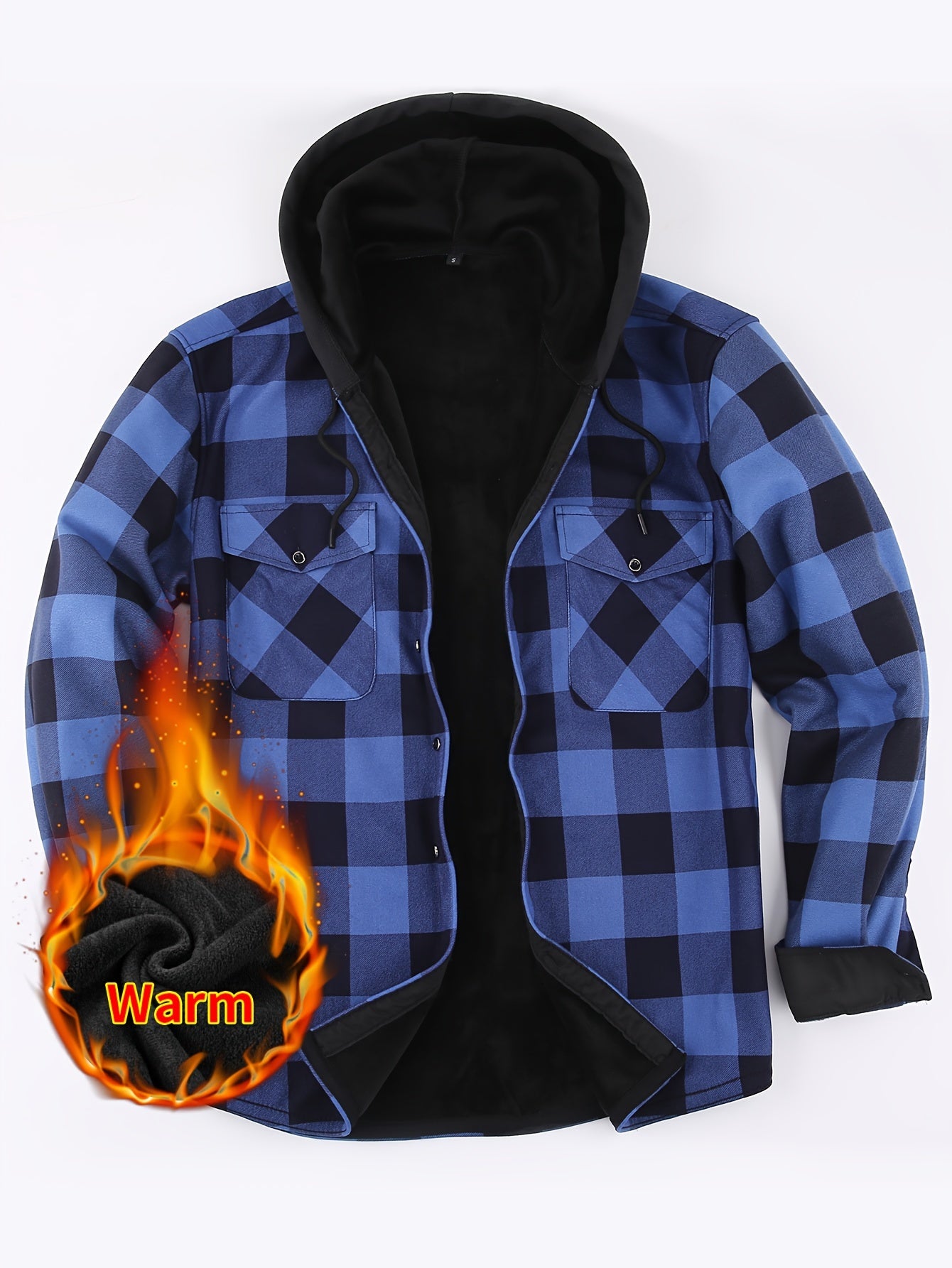 Men's Fleece Plaid Hooded Long Sleeve Shirt Jacket Autumn Winter