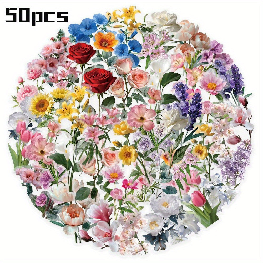 50pcs Romantic Flower Stickers Various Types Reusable PET Stickers