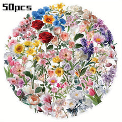 50pcs Romantic Flower Stickers Various Types Reusable PET Stickers