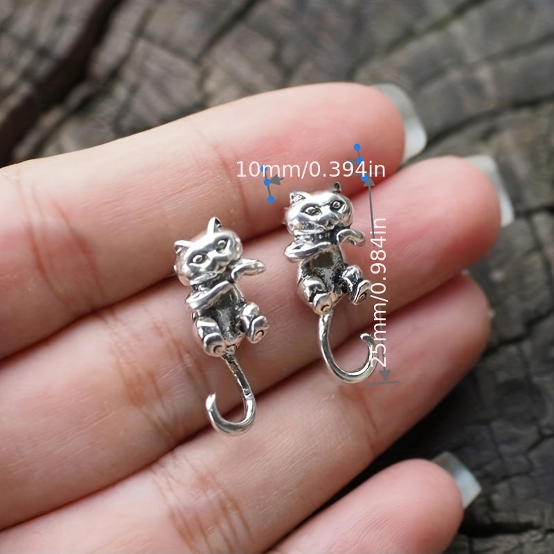 Retro Silvery Men's Earrings Kitten Earrings Animal Jewelry