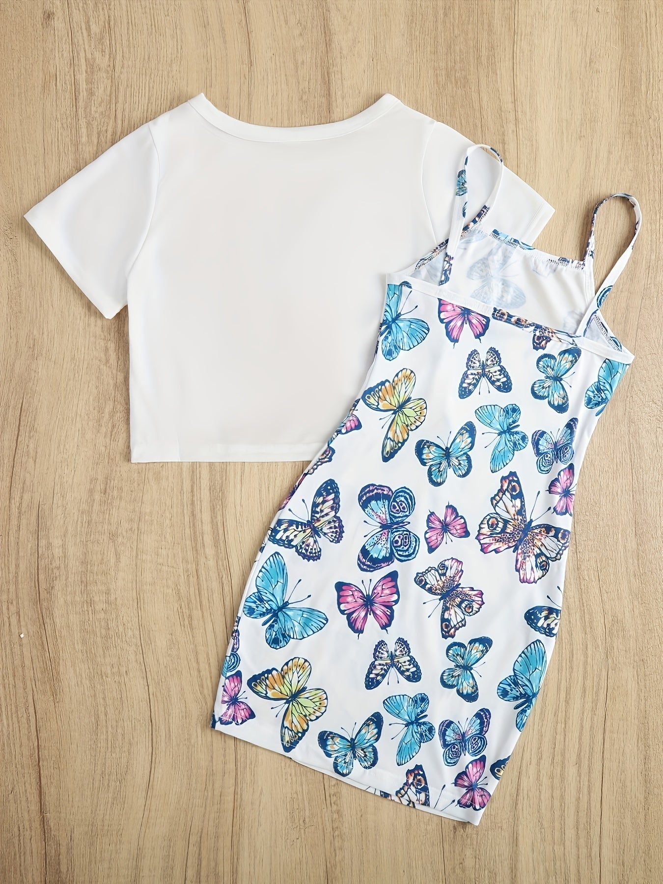 Girls Butterfly Knot Tee Top & Cami Dress Set for Party
