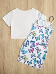 Girls Butterfly Knot Tee Top & Cami Dress Set for Party
