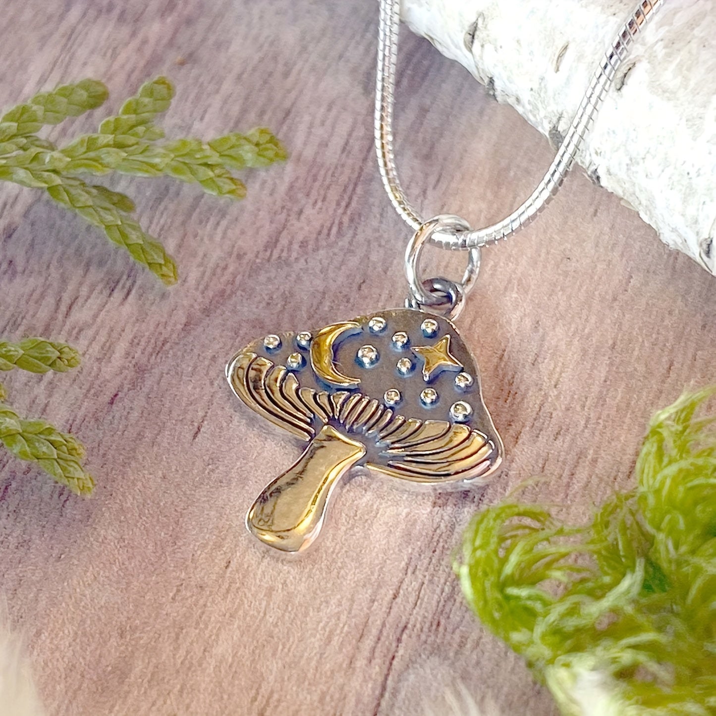 Vintage Mushroom Pendant Necklace Oval Star Moon Mushroom Plant Small Mushroom