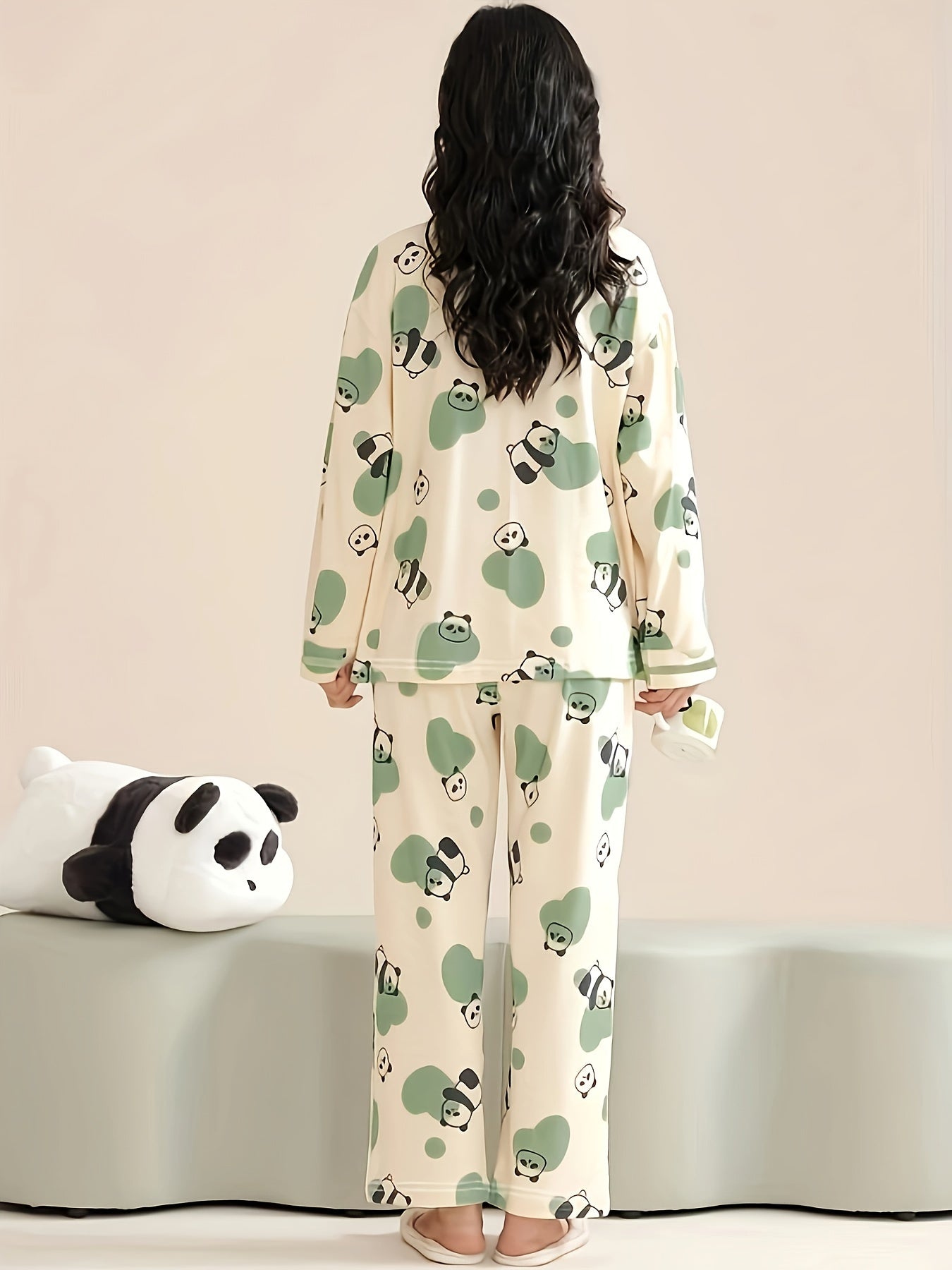 Panda Print Pajama Set Long Sleeve Top & Pants