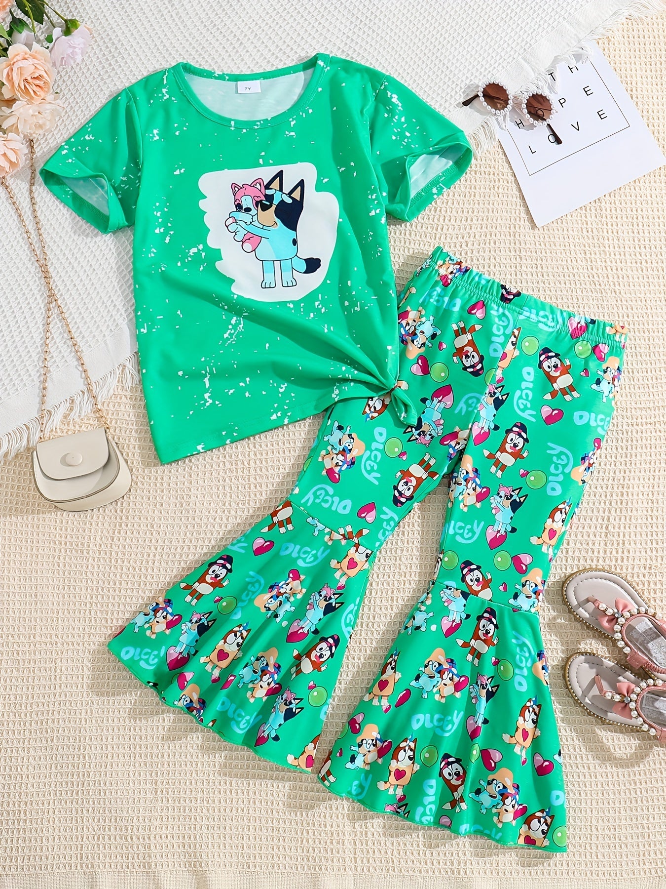 2 Pack Toddler Girls Tie Dyed Bell Bottom Suit Short Sleeve Tee & Pants Set