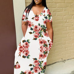 Floral Print Round Neck Short Sleeve Maxi Dress With Pockets