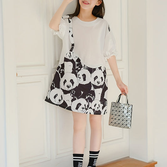 Girl's Panda Graphic Dress Short Sleeve Crew Neck Princess Dress