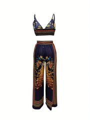 Boho Butterfly Print Two piece Set Crop Cami Top & Wide Leg Pants