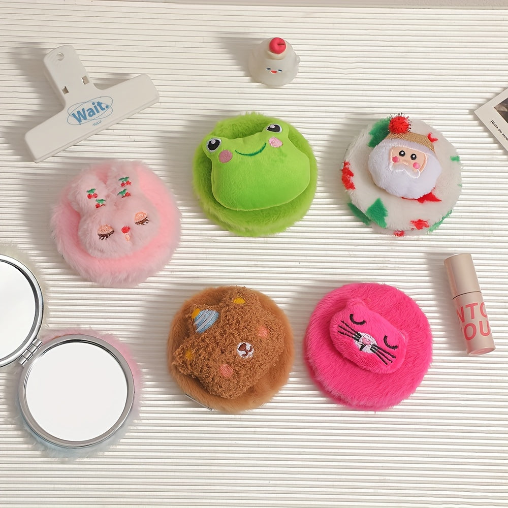 Cartoon Plush Folding Mirror Travel Portable Cosmetic Touch Up Mirror