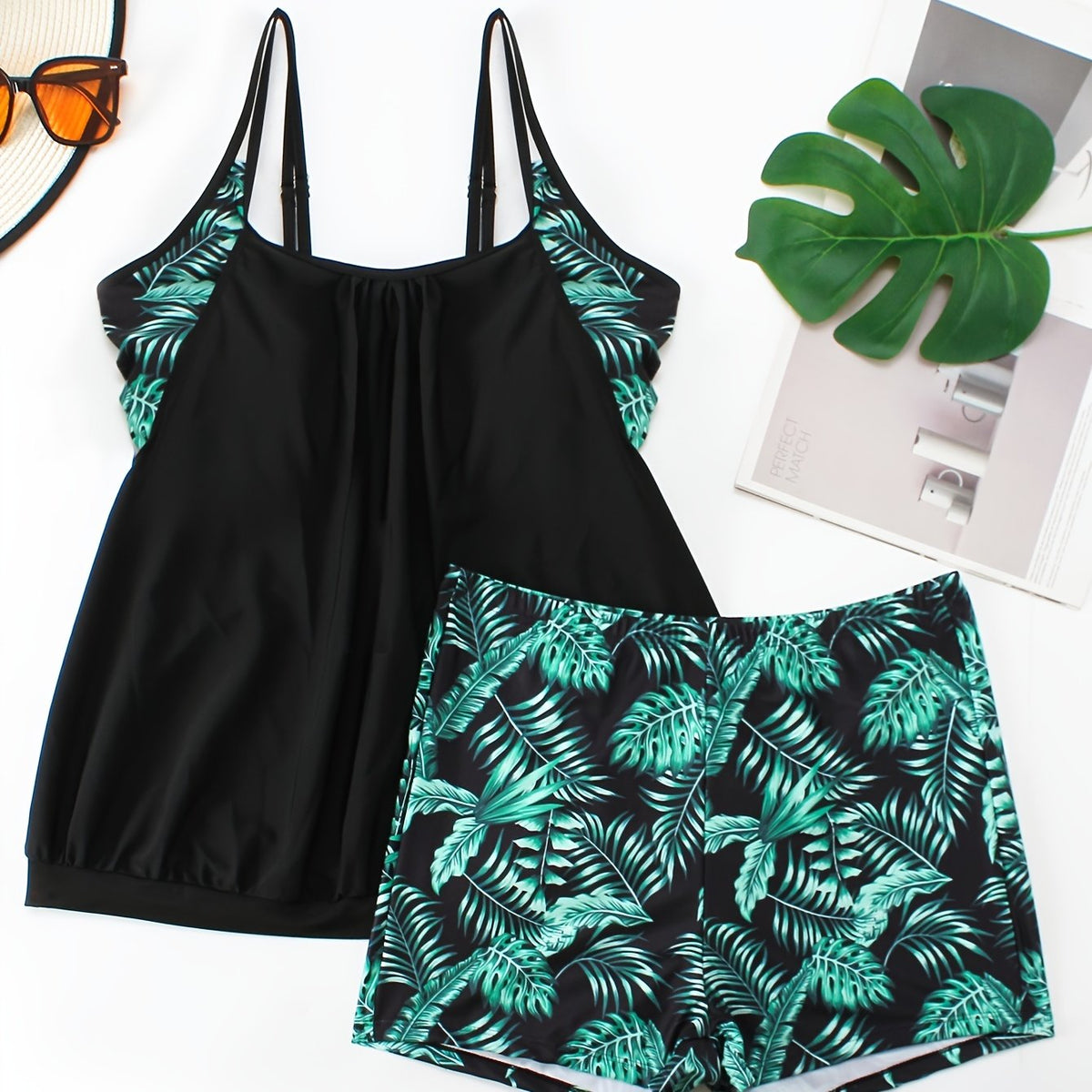  Tropical Print Tankini Set Round Neck Cami Top & Shorts 2 Piece