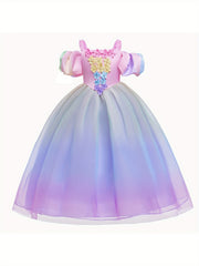 Girls Princess Dress Camisole Puff Sleeve Gradient Tulle Floral Decor