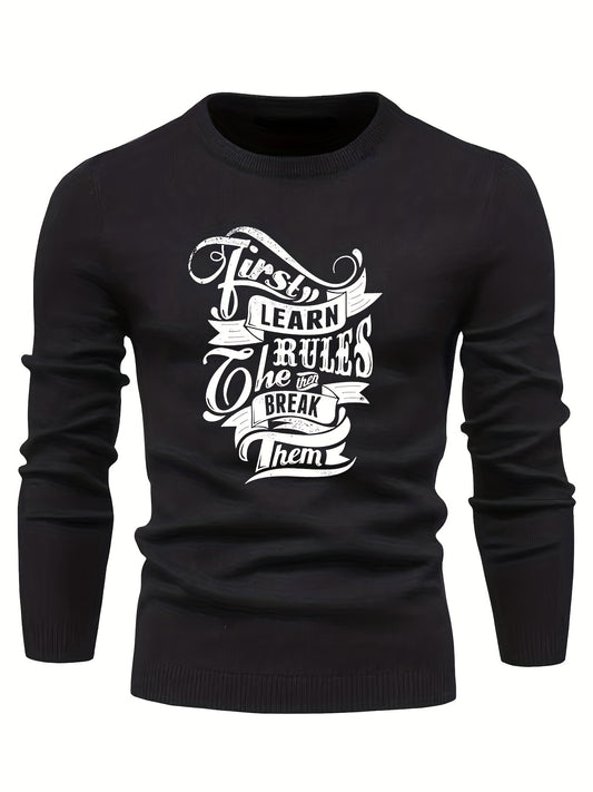 Retro Letter Print Knitted Sweater Men's Casual Round Neck Pullover