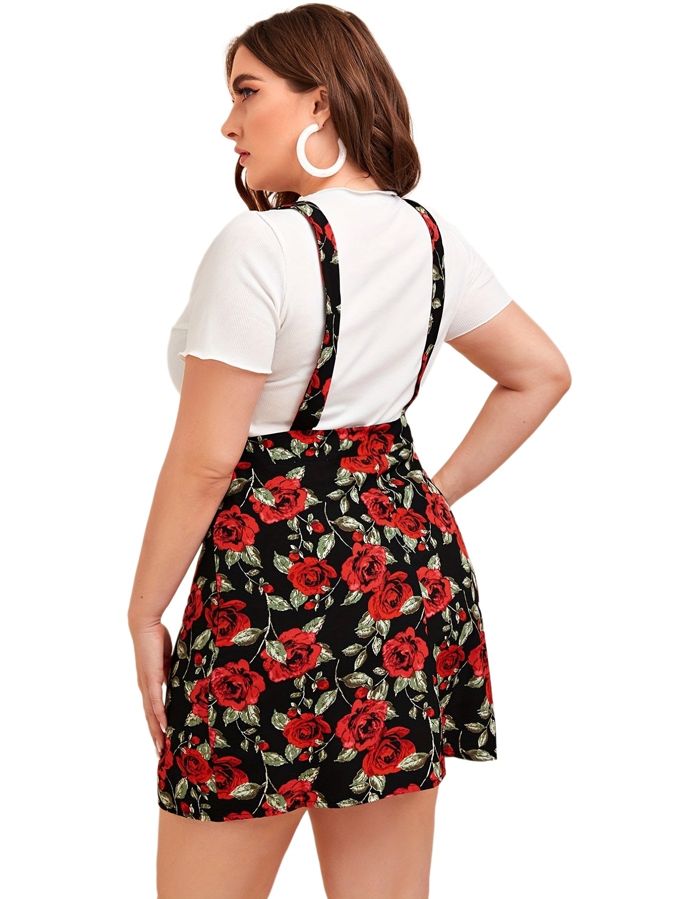  Allover Rose Print Square Neck Mini Overall Dress
