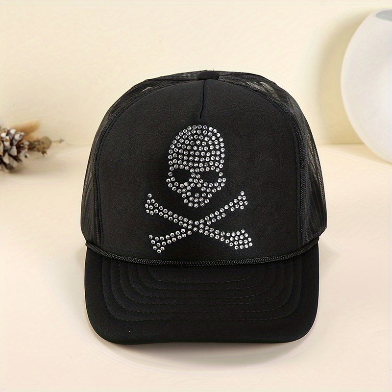 Rhinestone Skull Trucker Hat Mesh Unisex Baseball Cap Adjustable
