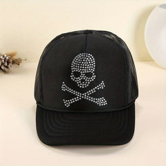 Rhinestone Skull Trucker Hat Mesh Unisex Baseball Cap Adjustable