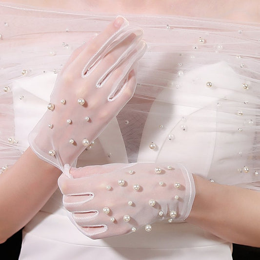 Short Lace Gloves with Pearl Embellishments for Weddings