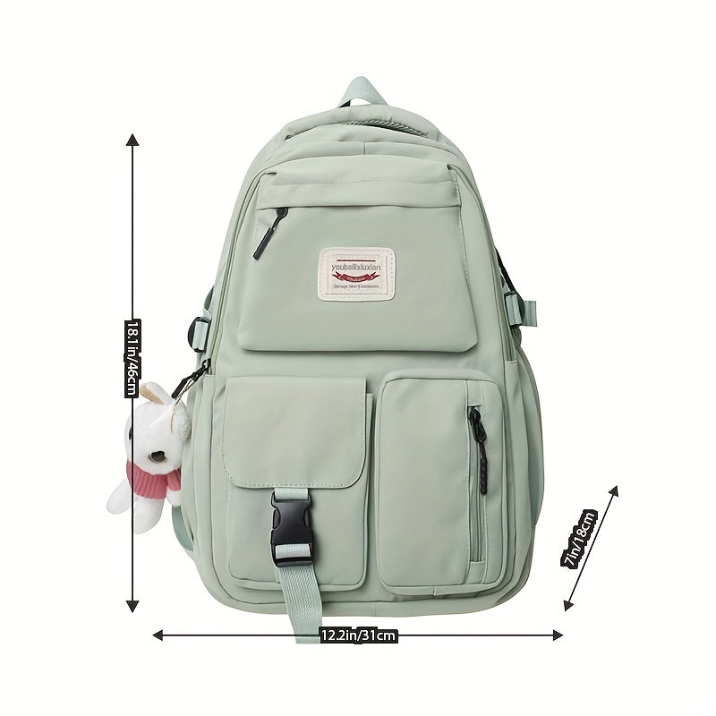 Letter Patch Decor Backpack Pockets Front School Bag