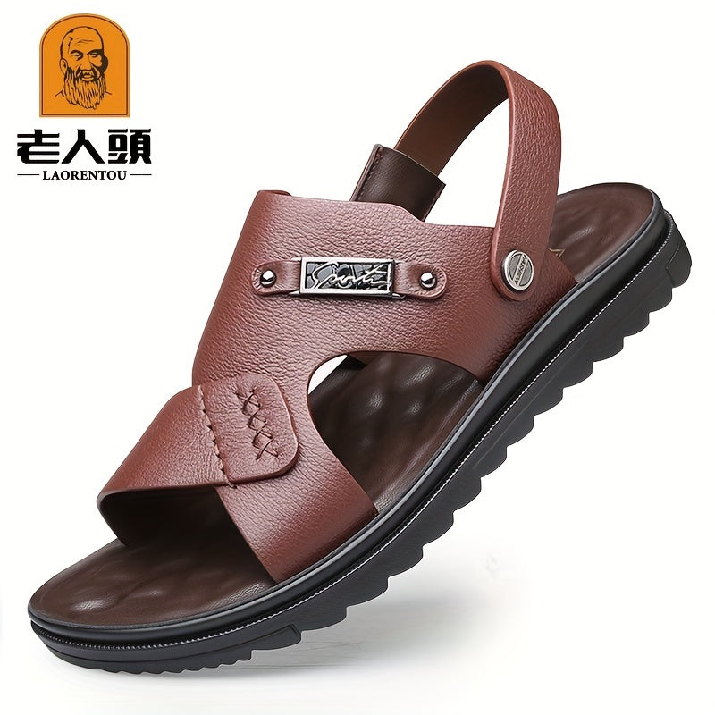 LAORENTOU Men's Leather Non Slip Sandals Wear resistant Comfy Beach Shoes