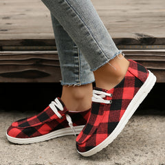 Women's Plaid Canvas Shoes Round Toe Lace Up Flat Sneakers