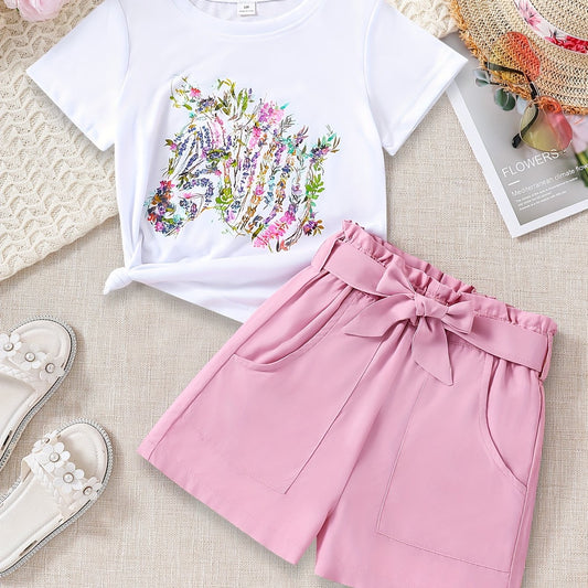 Girls Floral Animal Graphic Tee Shorts Set