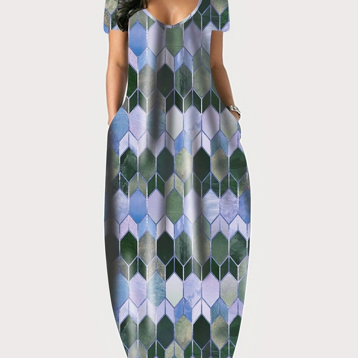  Colorblock Geometric Print V Neck Maxi Dress