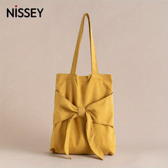 Bowknot Decor Canvas Shoulder Bag Tote Bag Solid Handbag For School Travel