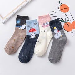 4 Pairs Cartoon Print Socks Soft Mid Tube Socks Women's Stockings