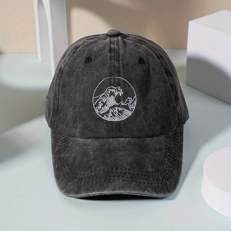 Wave Embroidery Baseball Cap Vintage Washed Distressed Dad Hat