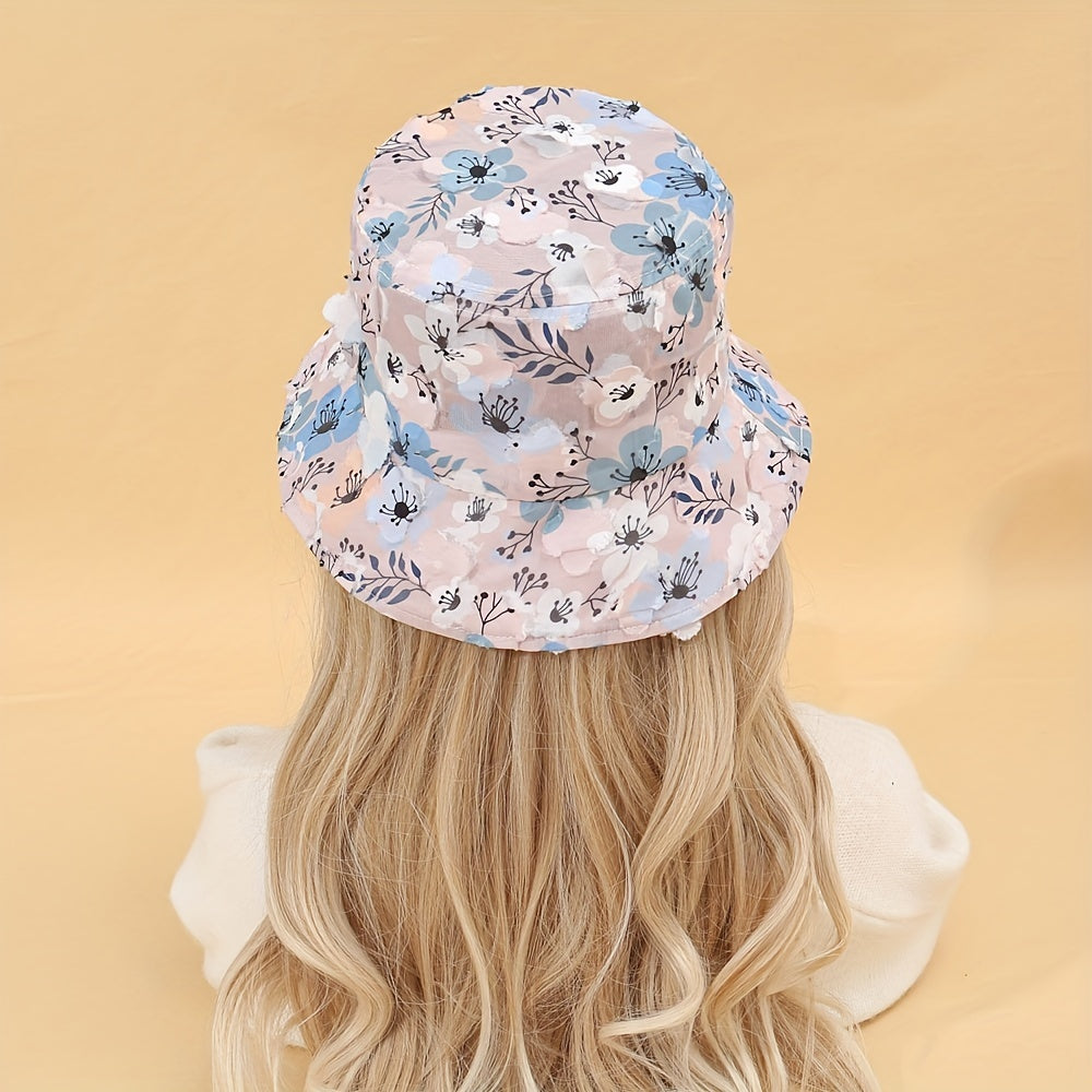 Mesh Flower Decor Bucket Hat Pink Printed Basin Hat For Women