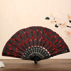Sequin Fabric Folding Fan Embroidery Lace Fan Vintage Fan